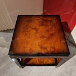Square Burl-Veneer Sofa Side Table with Layered Top, Open Lower Shelf and Champagne Stainless Steel Details